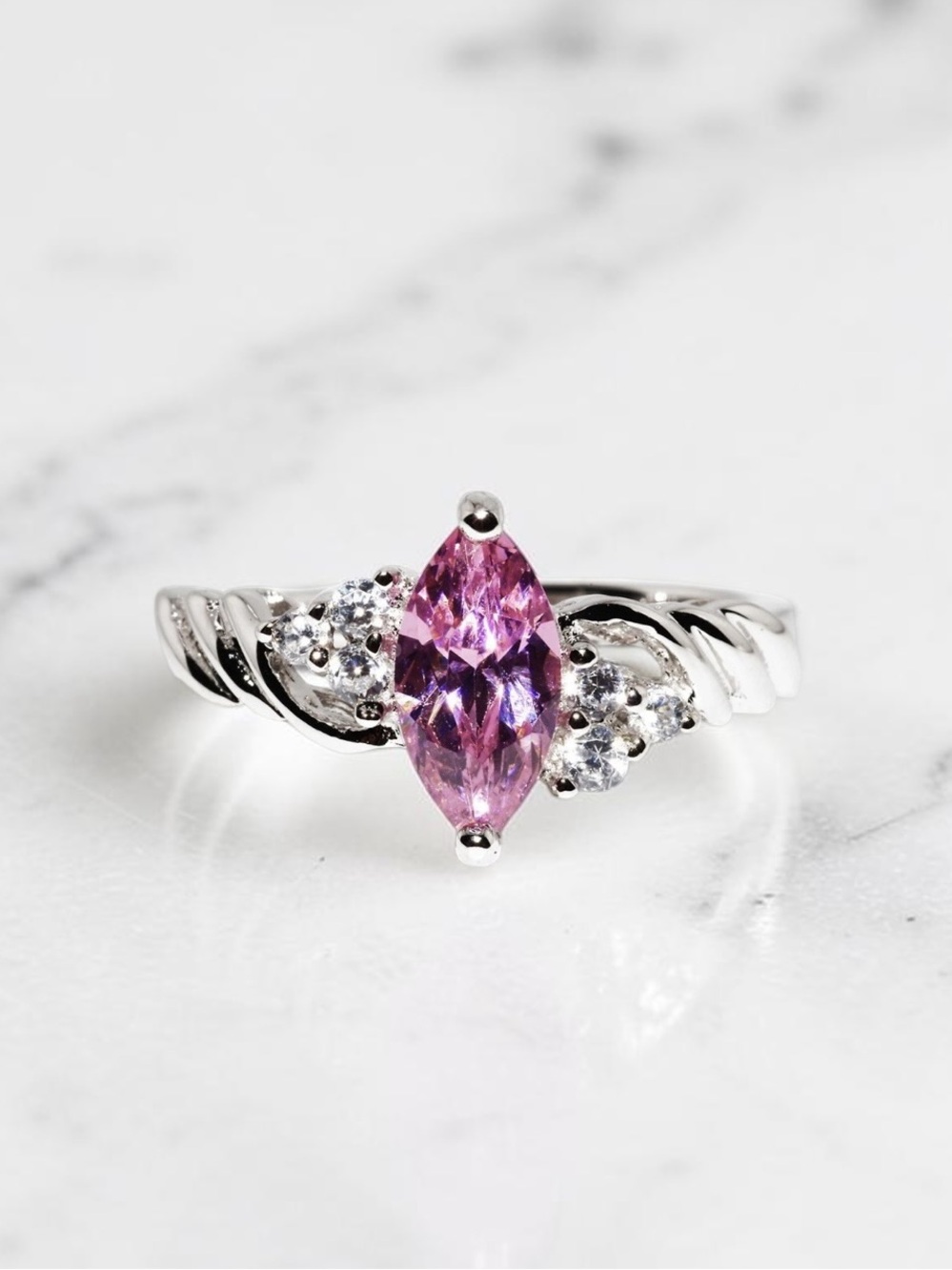 Pink Marquise-Cut Halo Ring in Silver Tone